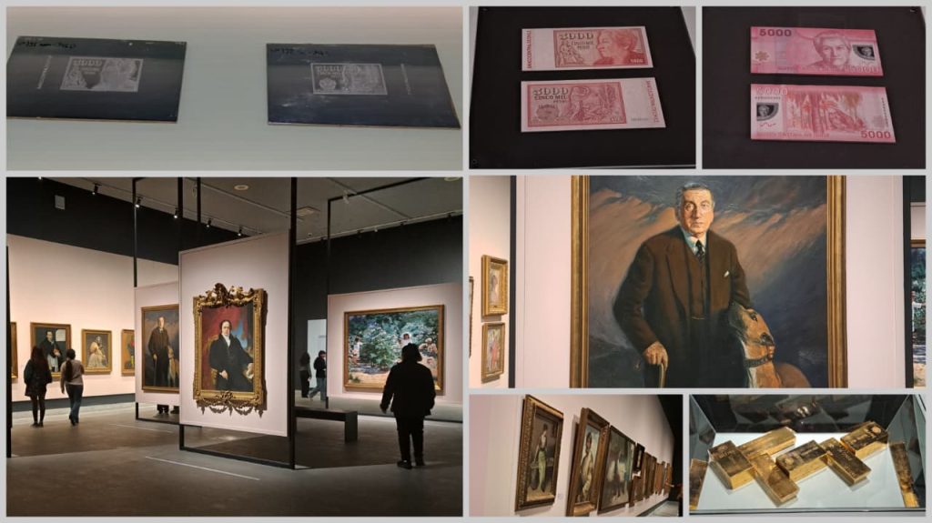 Collage de diferentes fotos que muestran piezas de la exhibición en el centro cultural. Propósito de contrastar los elementos provenientes del Banco Central.